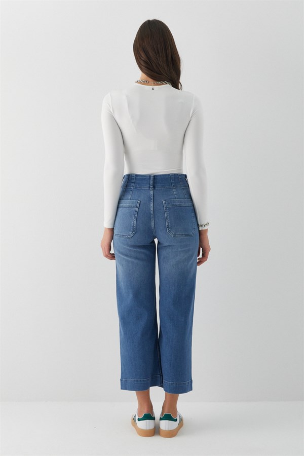 Kısa İspanyol Paça Kot Pantolon Mavi