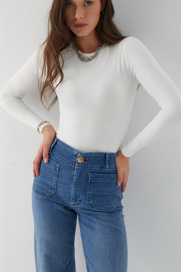 Kısa İspanyol Paça Kot Pantolon Mavi