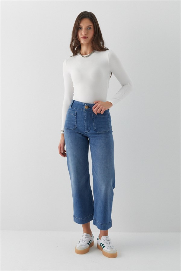 Kısa İspanyol Paça Kot Pantolon Mavi