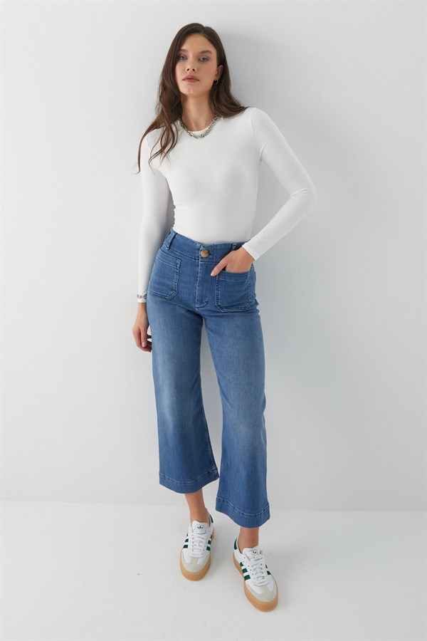 Kısa İspanyol Paça Kot Pantolon Mavi