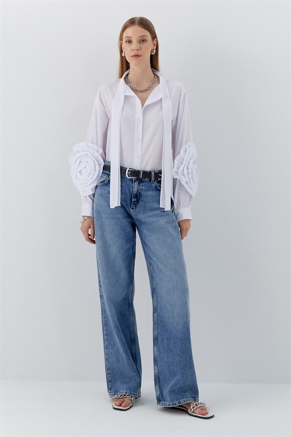 Kolu Güllü Gömlek Beyaz