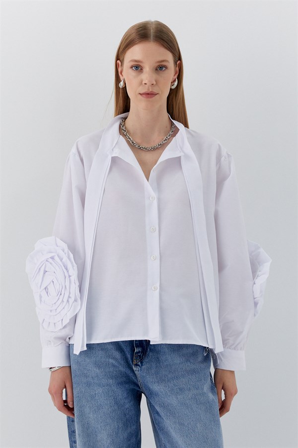 Kolu Güllü Gömlek Beyaz