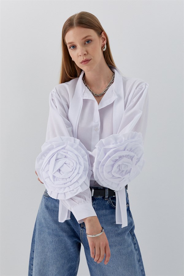 Kolu Güllü Gömlek Beyaz