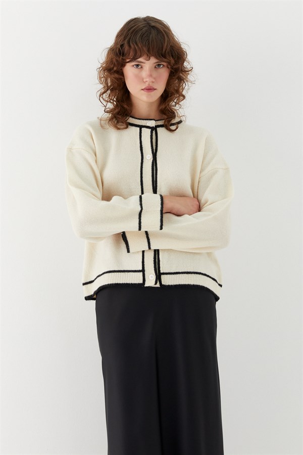 Kontrast Çizgili Şeritli Triko Hırka Krem