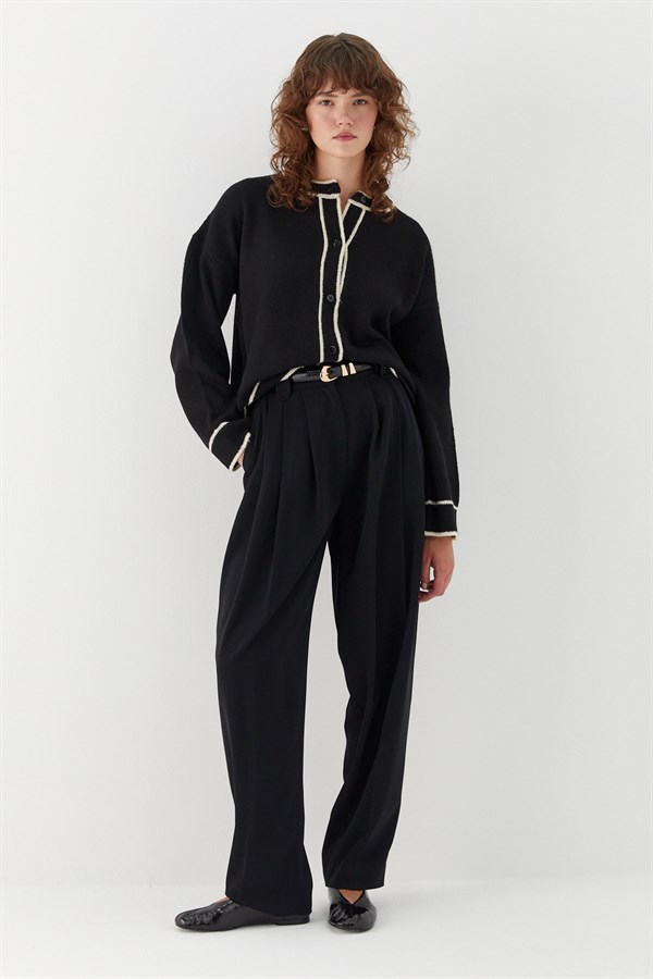 Kontrast Çizgili Şeritli Triko Hırka Siyah