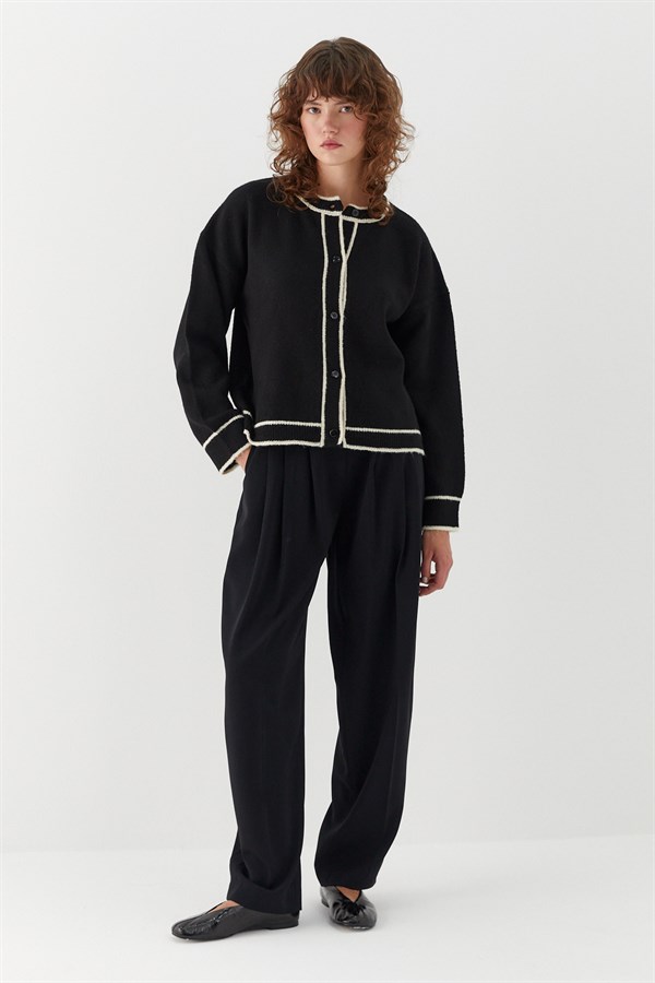 Kontrast Çizgili Şeritli Triko Hırka Siyah