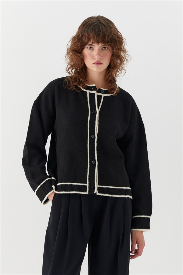 Kontrast Çizgili Şeritli Triko Hırka Siyah