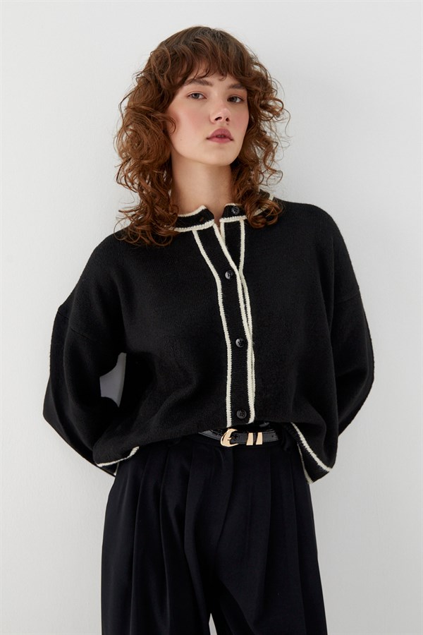 Kontrast Çizgili Şeritli Triko Hırka Siyah