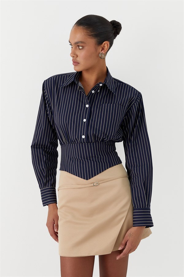 Korsaj Detaylı Çizgili Poplin Gömlek Laci