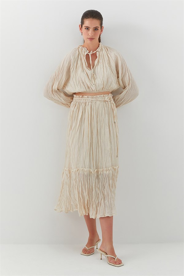 Kraş Dokulu Etek Takım Bej