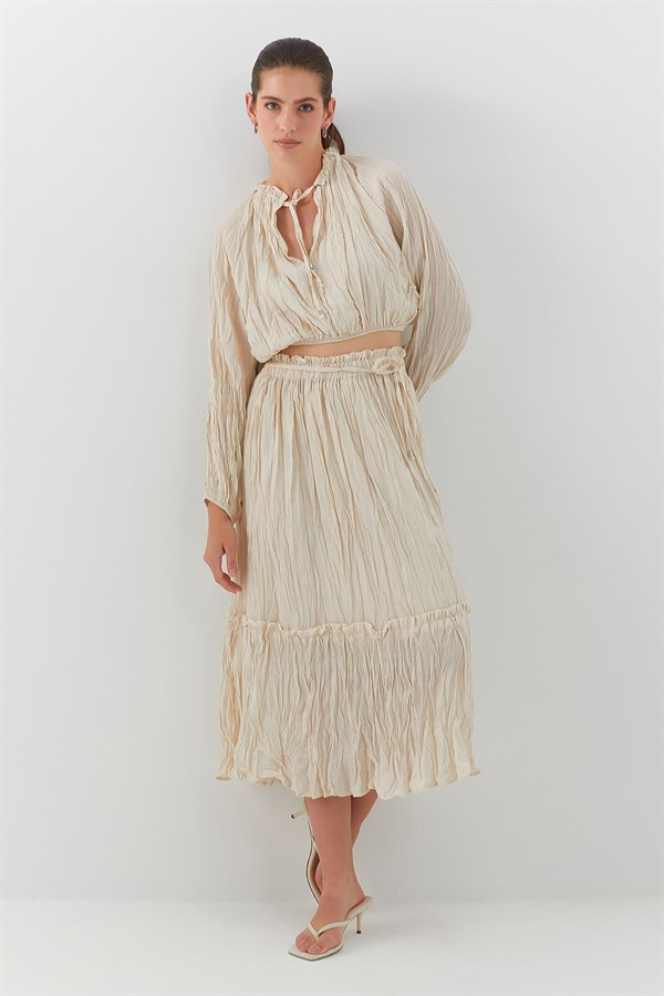 Kraş Dokulu Etek Takım Bej