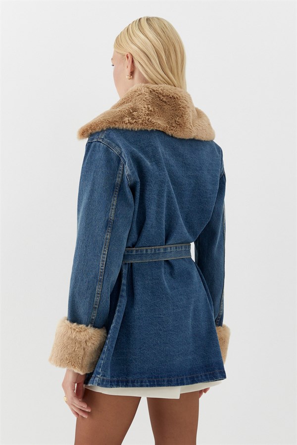 Kürk Detaylı Kot Ceket Mavi