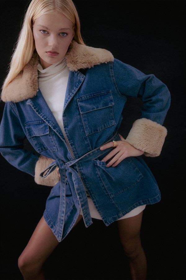 Kürk Detaylı Kot Ceket Mavi