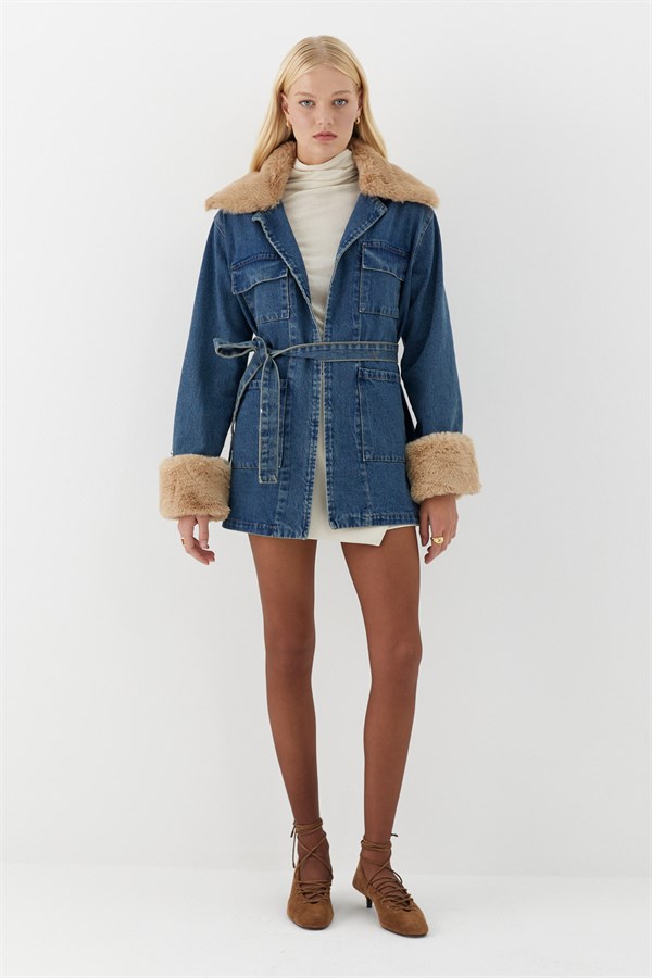 Kürk Detaylı Kot Ceket Mavi