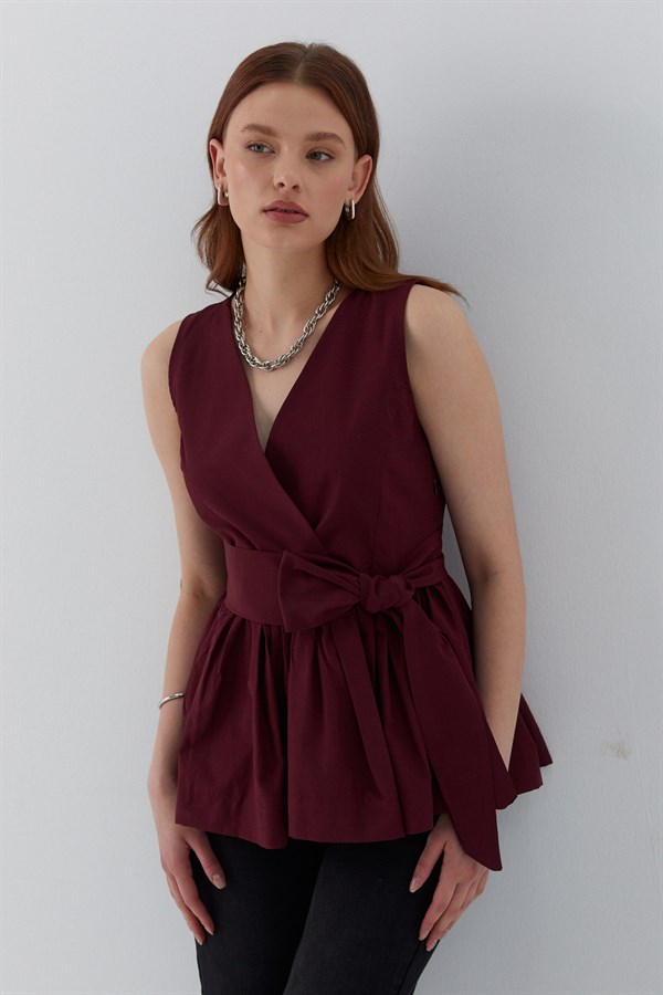 Kuşak Bağlamalı Kolsuz Bluz Bordo