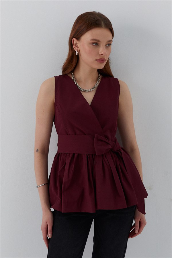 Kuşak Bağlamalı Kolsuz Bluz Bordo