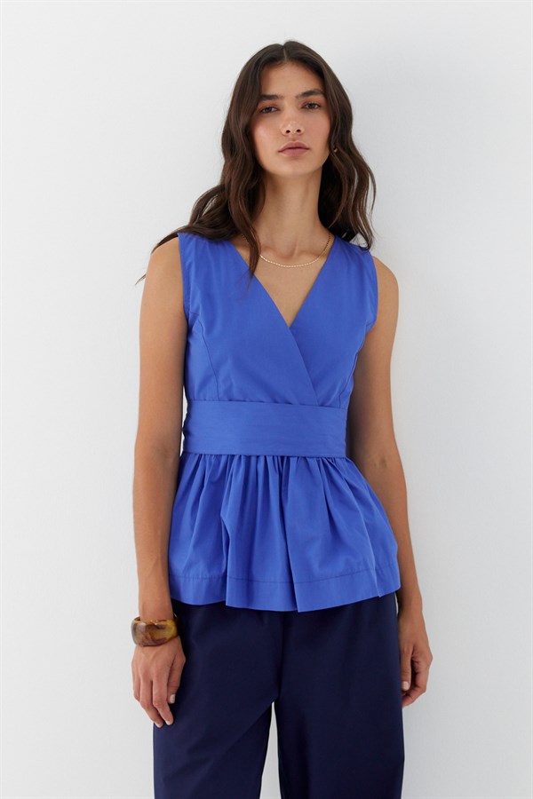 Kuşak Bağlamalı Kolsuz Bluz İndigo