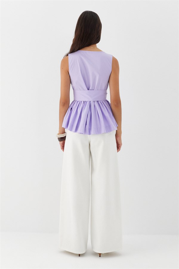 Kuşak Bağlamalı Kolsuz Bluz Lila