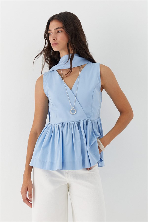 Kuşak Bağlamalı Kolsuz Bluz Mavi