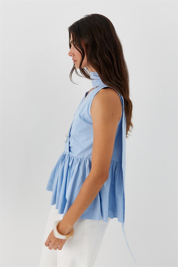 Kuşak Bağlamalı Kolsuz Bluz Mavi