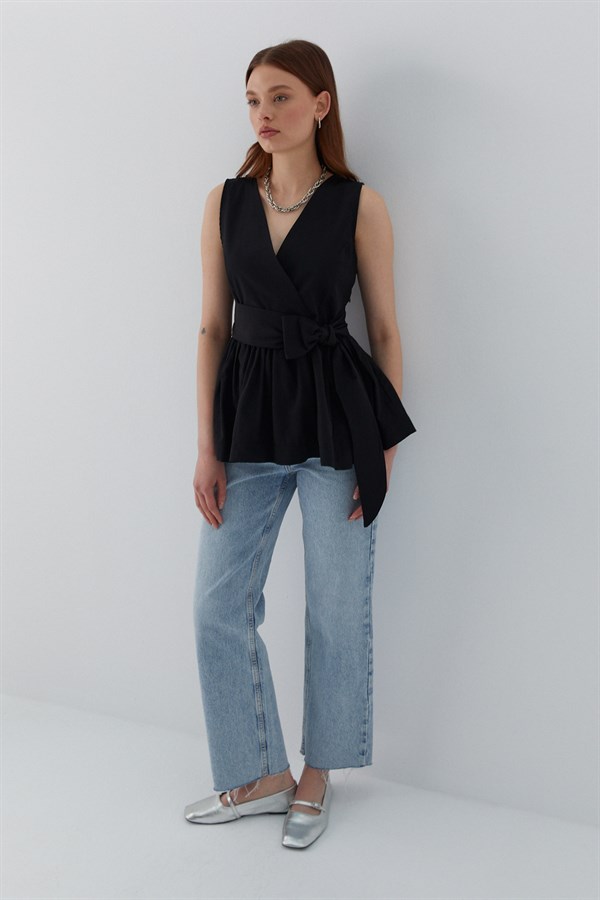 Kuşak Bağlamalı Kolsuz Bluz Siyah