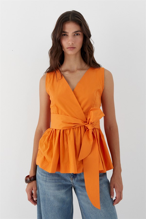 Kuşak Bağlamalı Kolsuz Bluz Turuncu