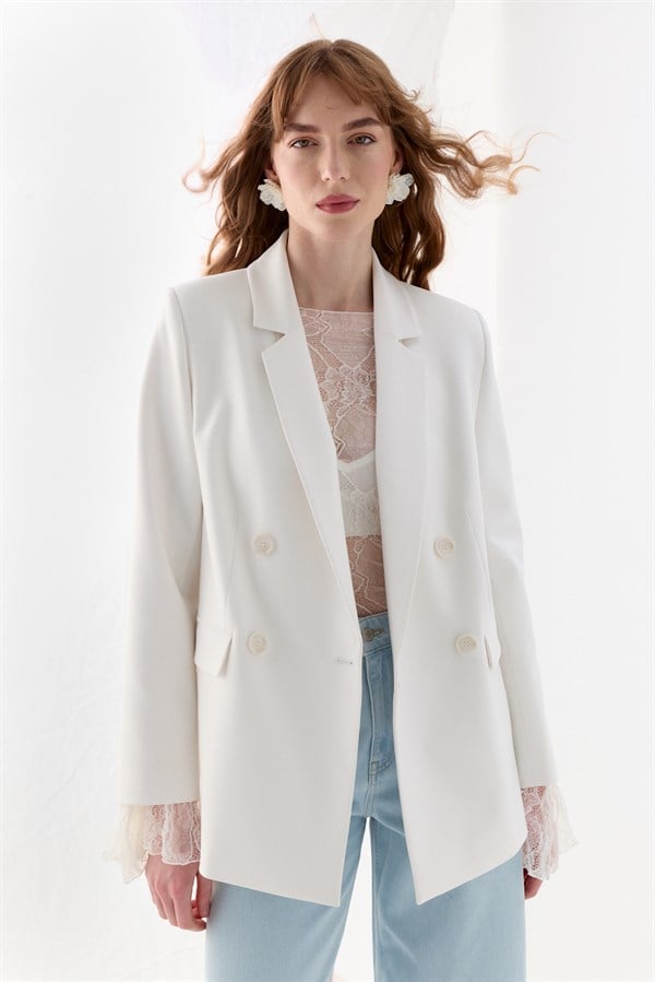 Kuşak Detaylı Blazer Ceket Ekru