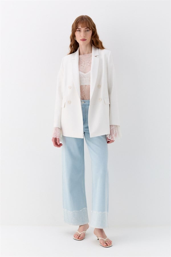 Kuşak Detaylı Blazer Ceket Ekru