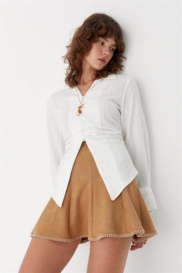 Nakış Detaylı Süet Etek Bej