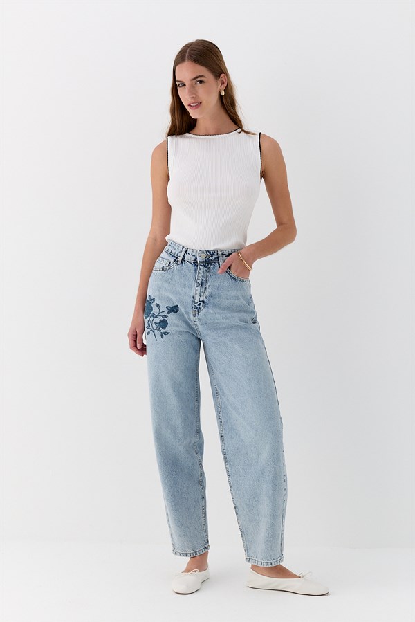 Nakışlı Denim Pantolon Mavi