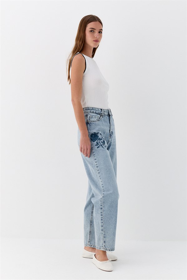 Nakışlı Denim Pantolon Mavi