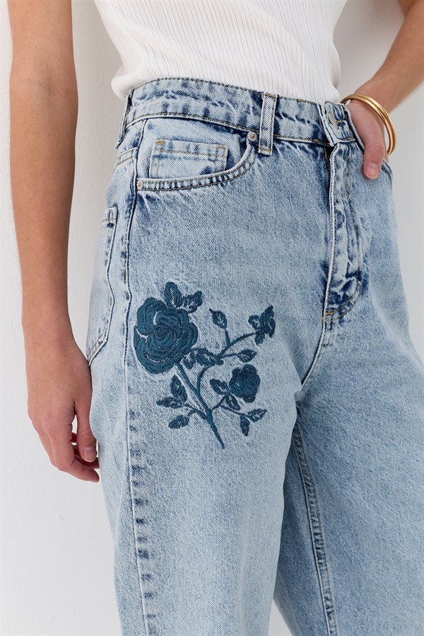 Nakışlı Denim Pantolon Mavi