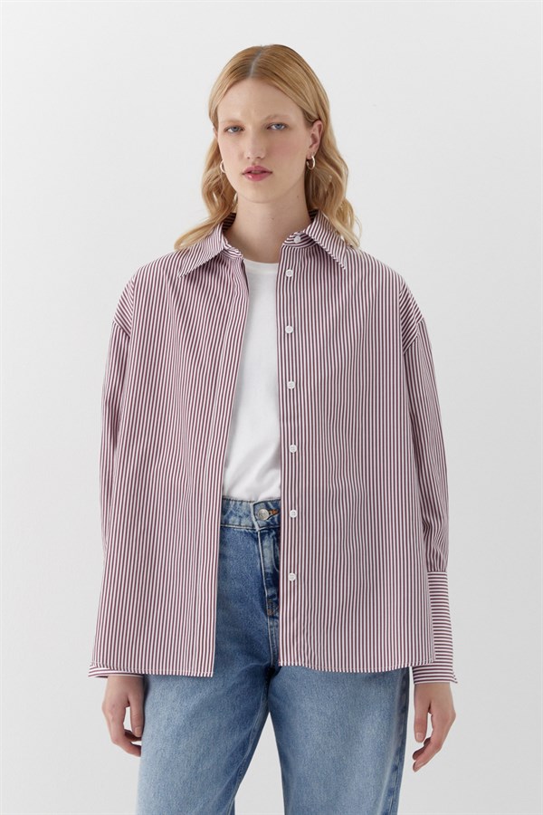 Oversize Çizgili Gömlek Bordo