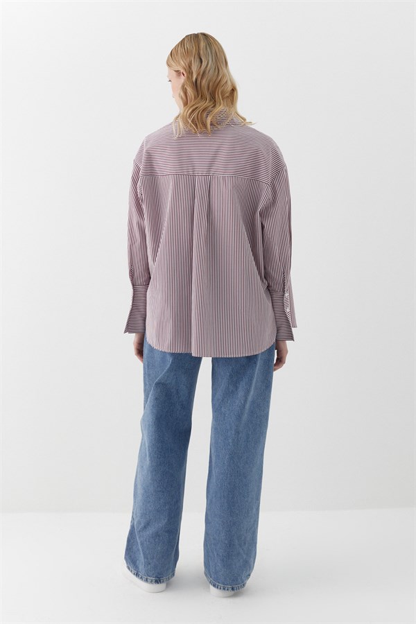 Oversize Çizgili Gömlek Bordo