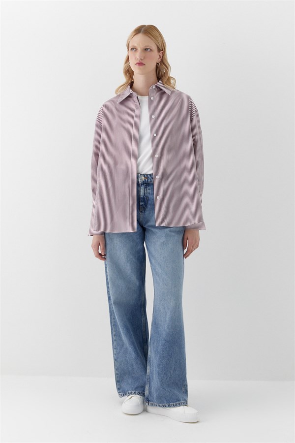 Oversize Çizgili Gömlek Bordo