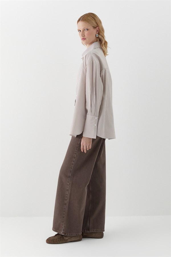 Oversize Çizgili Gömlek Kahverengi