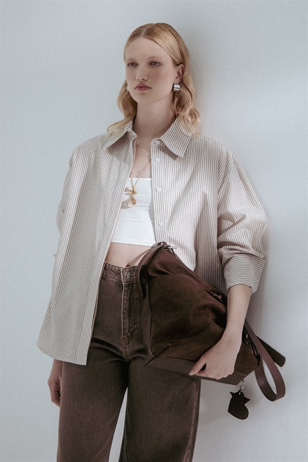 Oversize Çizgili Gömlek Kahverengi