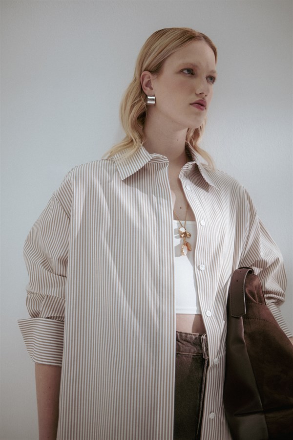 Oversize Çizgili Gömlek Kahverengi