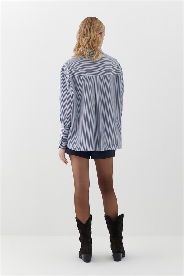 Oversize Çizgili Gömlek Lacivert