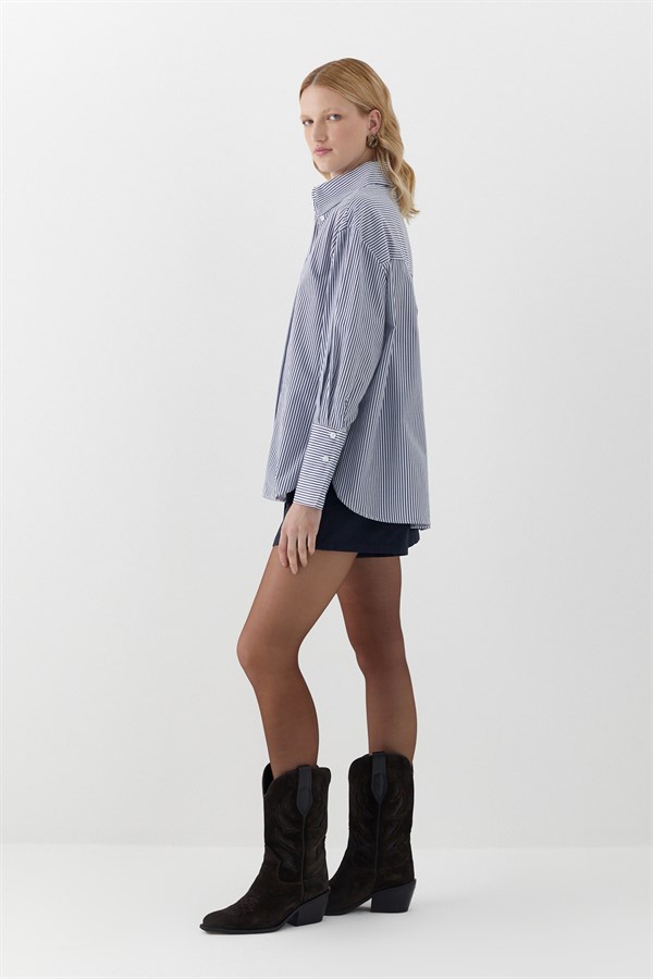 Oversize Çizgili Gömlek Lacivert