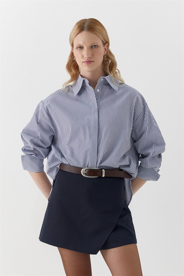 Oversize Çizgili Gömlek Lacivert