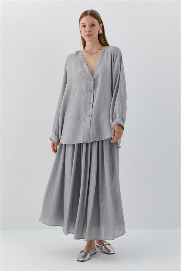 Oversize V Yaka Gömlek Gri