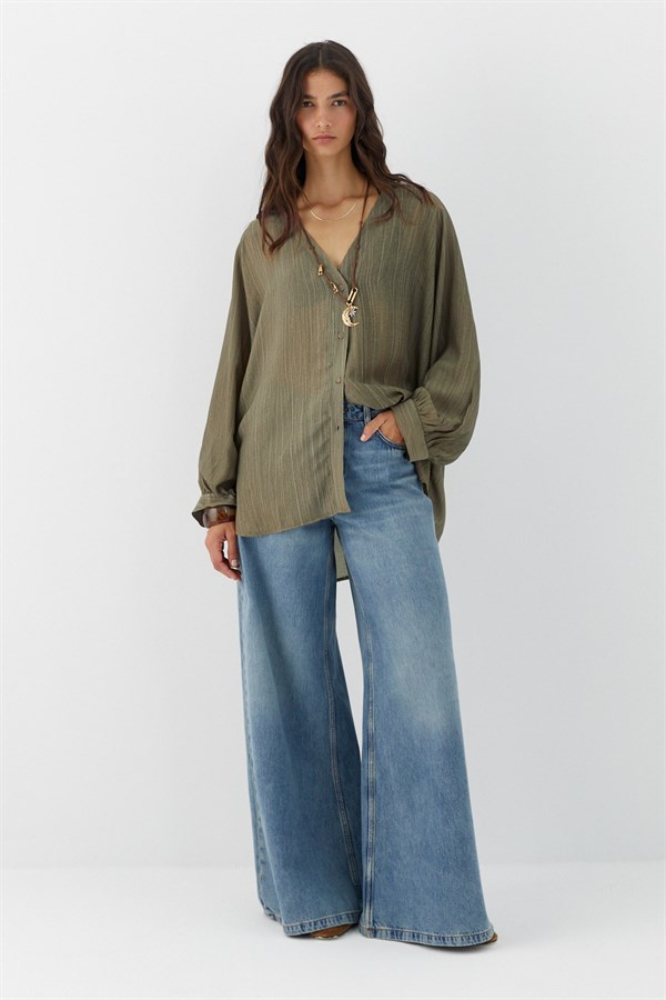 Oversize V Yaka Gömlek Haki
