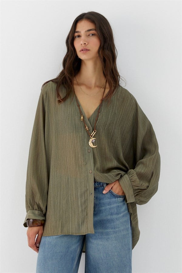 Oversize V Yaka Gömlek Haki
