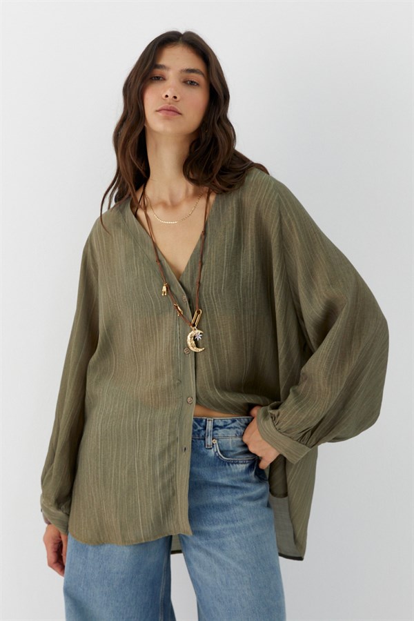Oversize V Yaka Gömlek Haki