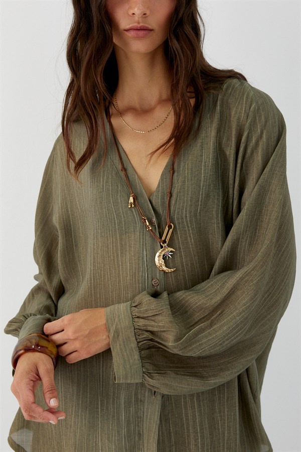 Oversize V Yaka Gömlek Haki