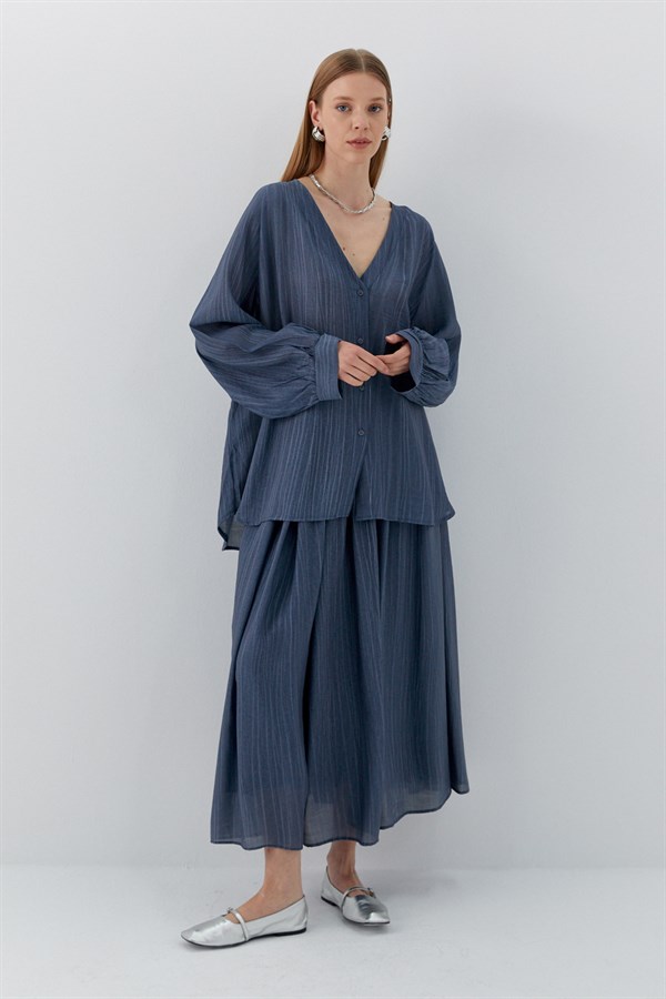 Oversize V Yaka Gömlek İndigo