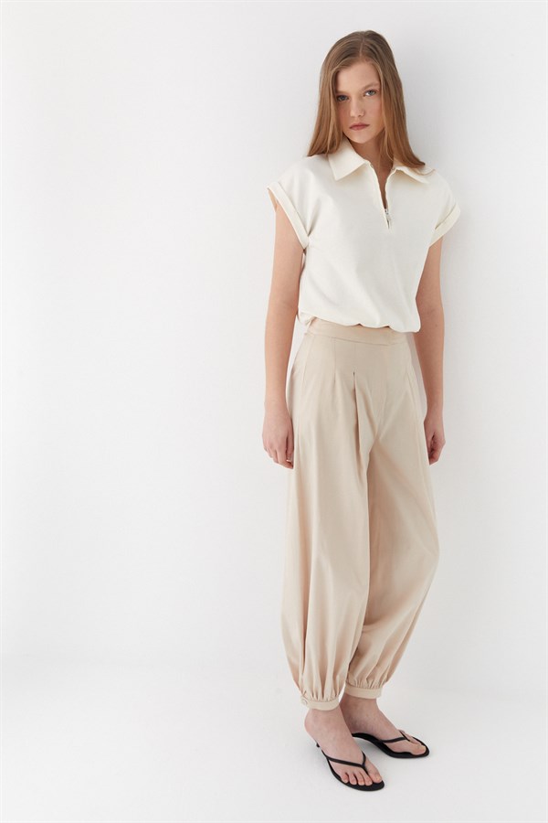 Pileli Jogger Pantolon Bej