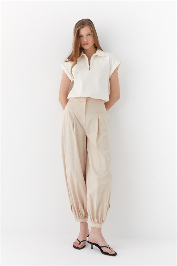 Pileli Jogger Pantolon Bej