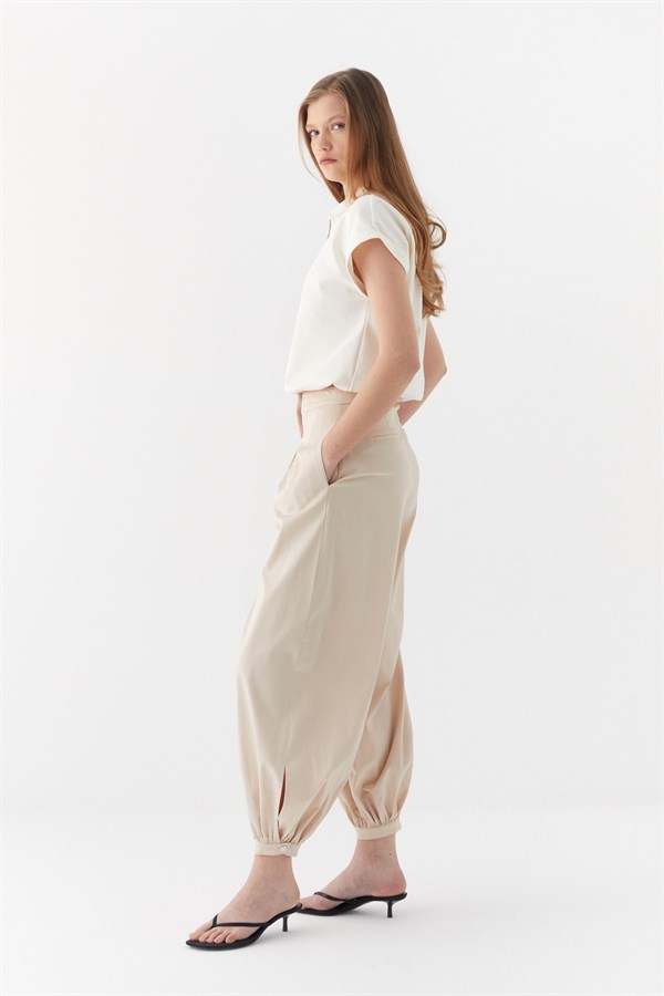 Pileli Jogger Pantolon Bej